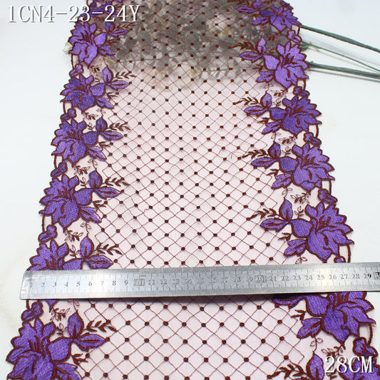 FREEDOMBEAUTY | Two-color plaid mesh bilateral purple flower embroidery lace 26cm clothing curtain lace accessories