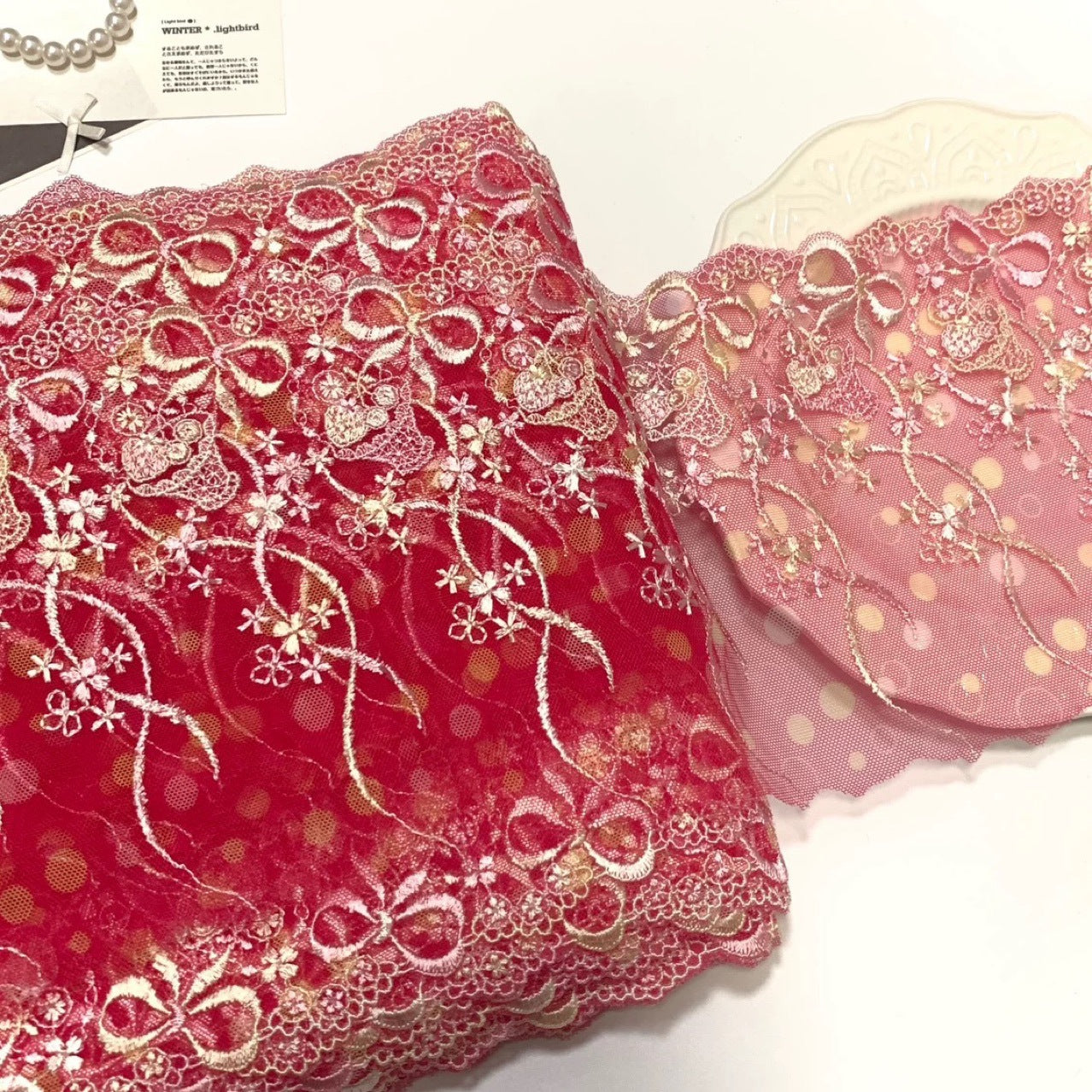FREEDOMBEAUTY | In Stock Bow Bow Strawberry Deep Peach Embroidery Polka Dot Mesh Lace Accessories Decorative Fabric Design