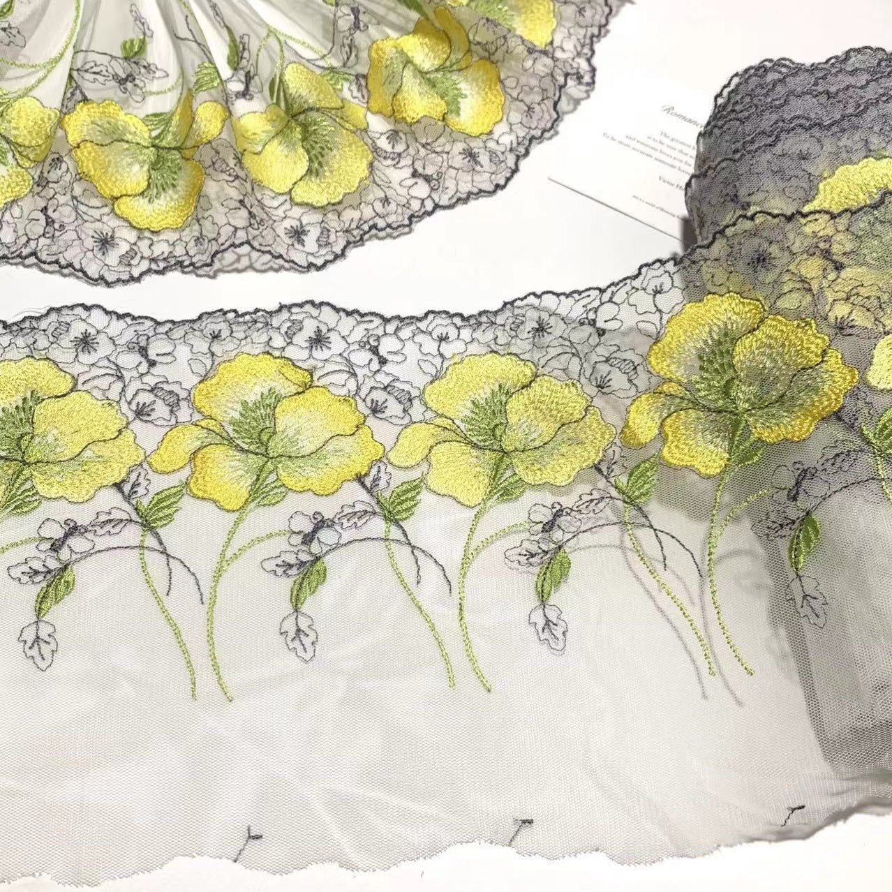 FREEDOMBEAUTY | Spot light yellow green white retro embroidered mesh lace accessories clothing design decoration