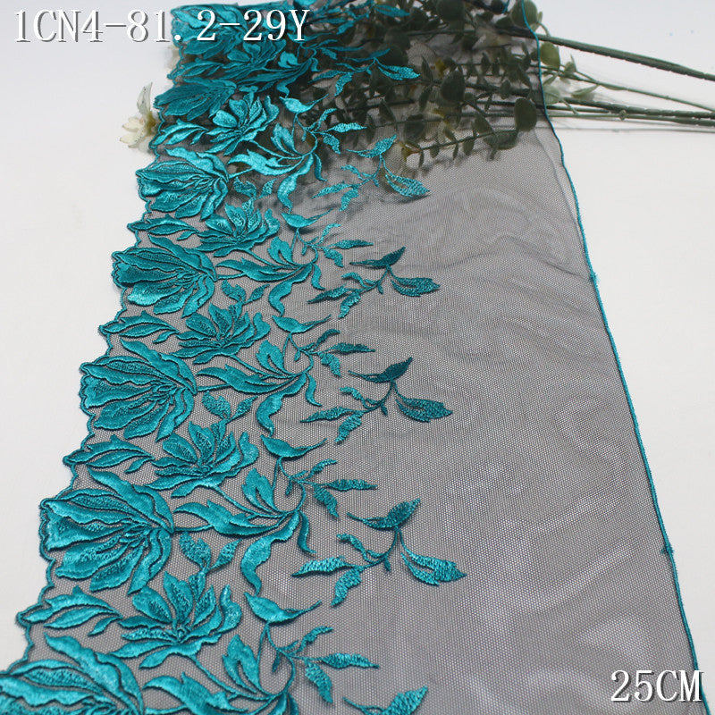 【1Pack】-Freedombeauty | European and American black mesh yarn pressed yarn bright dark green texture flower embroidery 25cm high-end clothing accessories