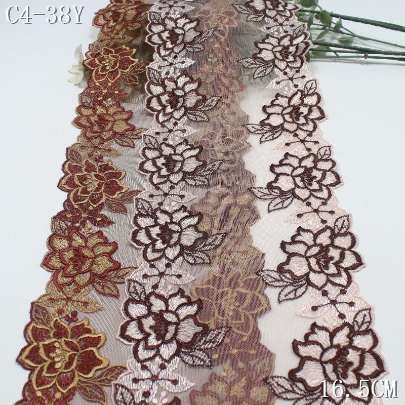 【1Pack】-Freedombeauty | Antique two-color mesh yarn bilateral fine embroidery flower embroidery lace 16.5cm texture clothing DIY accessories