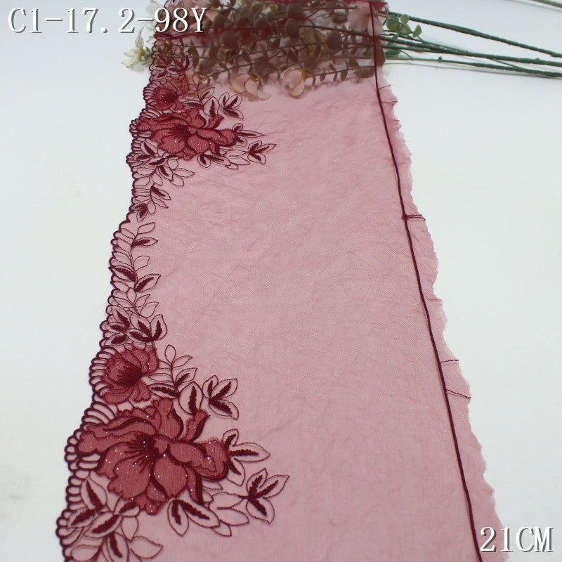 【1Pack】-Freedombeauty | Burgundy light mesh double layer fine glitter flower embroidery lace 21cm clothing accessories home textile accessories