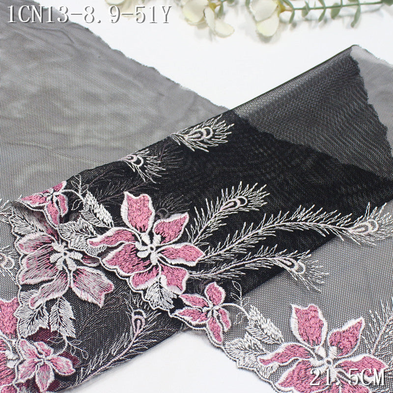 FREEDOMBEAUTY | [1Pack] Black mesh classic silver thread flower spike embroidery lace 21.5cm performance clothing dress up lace accessories