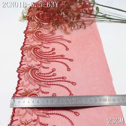 FREEDOMBEAUTY | Dark red curly grass pattern phoenix tail mesh embroidery lace, national style clothing Hanfu lace accessories DIY
