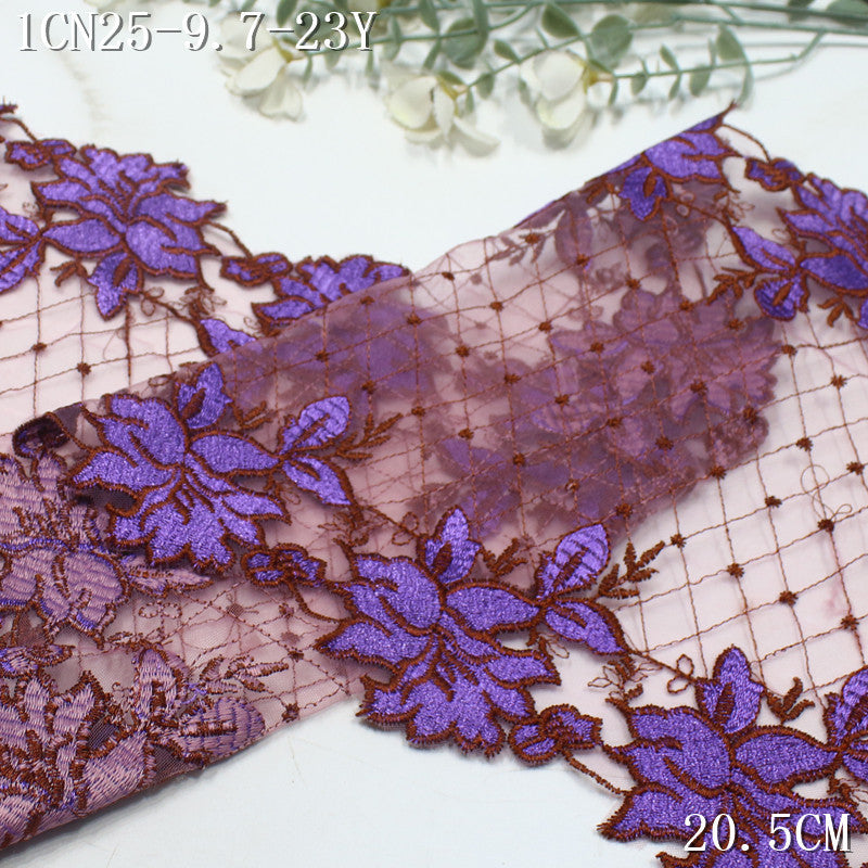 FREEDOMBEAUTY | Two-color plaid mesh bilateral purple flower embroidery lace 26cm clothing curtain lace accessories