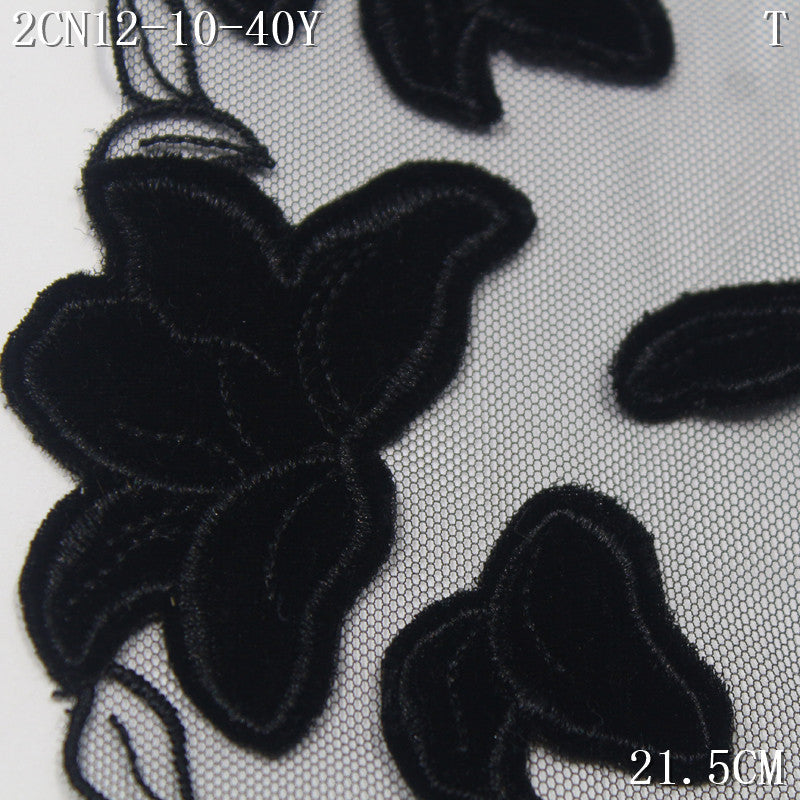 FREEDOMBEAUTY | [1pack] Black Exquisite Flocked Fiber Cloth Flower Mesh Embroidery Lace 21.5cm Dress Wedding Lace Accessories