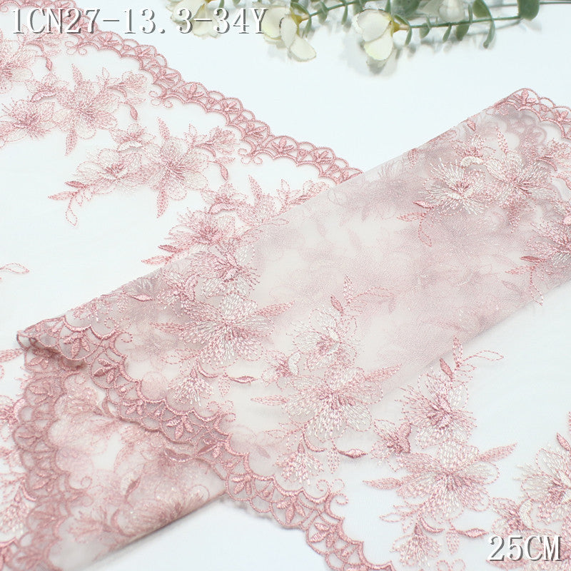 FREEDOMBEAUTY | [1Pack] Spring New Bilateral Pink Flower Mesh Embroidery Lace 25cm Dress Clothing Lace Accessories