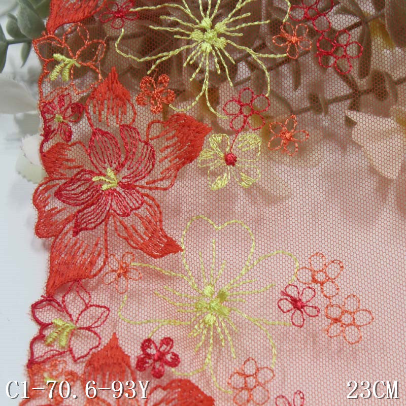 【1pack】-freedombeauty|Red Mesh Single-Sided Color-Block Polyester Thread Flower Embroidery Trim DIY Clothing Curtain Lace Trim Accessories