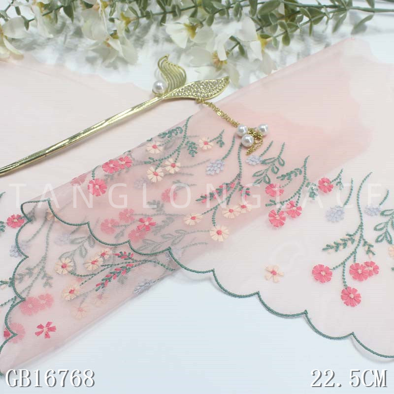 【1pack】-Freedombeauty | Boutique Light Pink Unilateral Fresh Floral Embroidery Lace Clothing Curtains Lace Accessories