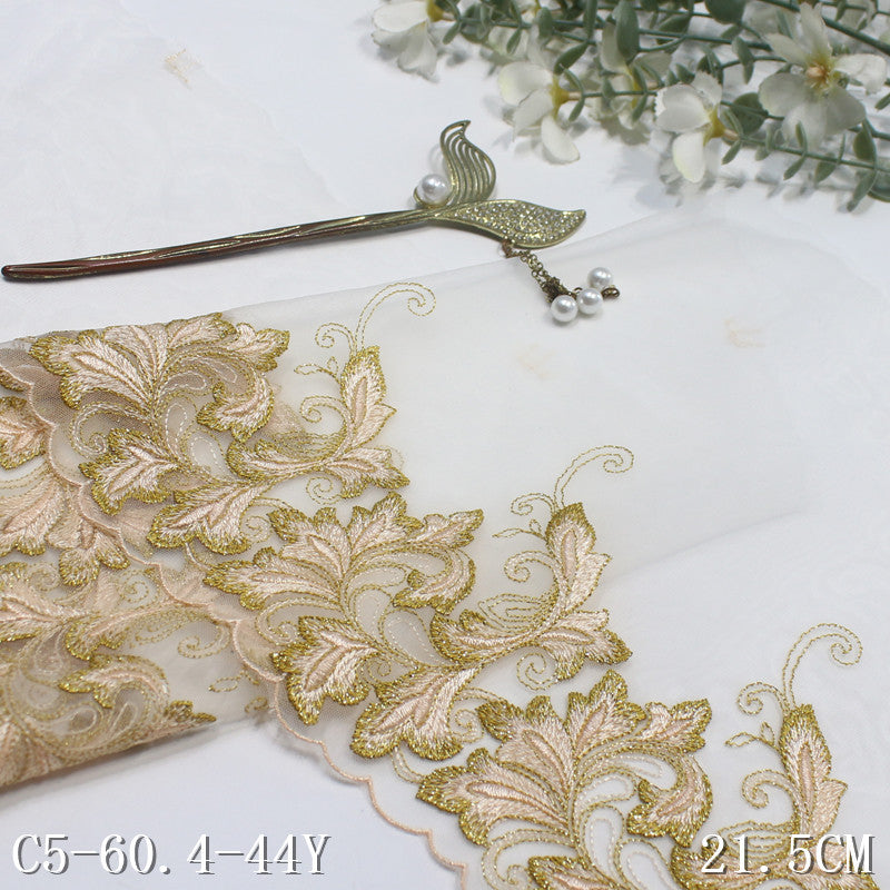 【1pack】-freedombeauty|White Mesh Single Edge Gold Thread Chinese Style Flower Embroidery Trim Curtain Sofa Cushion Lace Trim Accessories