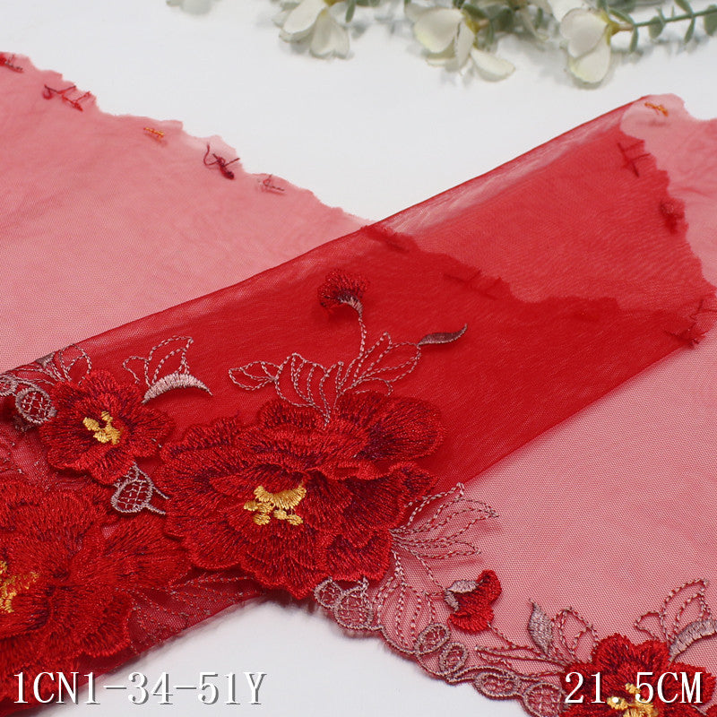 【1pack】-freedombeauty|Red Single-Sided Classic Chinese Style Exquisite Peony Mesh Embroidery Cheongsam Clothing Accessories Wedding Dress Headwear DIY