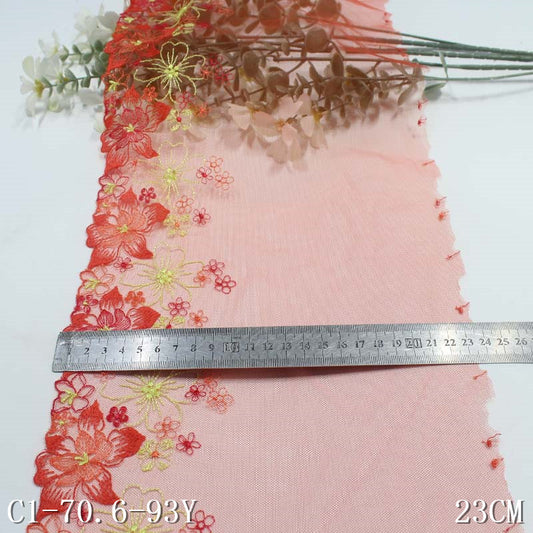 【1pack】-freedombeauty|Red Mesh Single-Sided Color-Block Polyester Thread Flower Embroidery Trim DIY Clothing Curtain Lace Trim Accessories