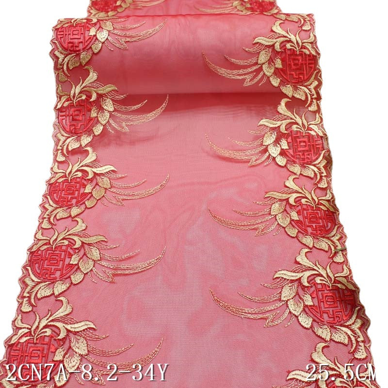 【1pack】-freedombeauty|Double-Sided Red Mesh Polyester Thread Chinese Knot Embroidery Lace Trim Curtain Festive Wedding Lace Trim