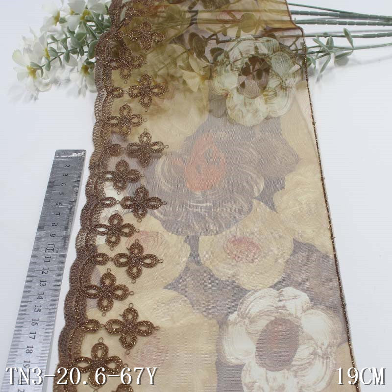 【1pack】-freedombeauty|Light Brown Printed Mesh Single Edge Gold Thread Pattern Embroidery Trim Clothing Curtain Lace Trim Accessories