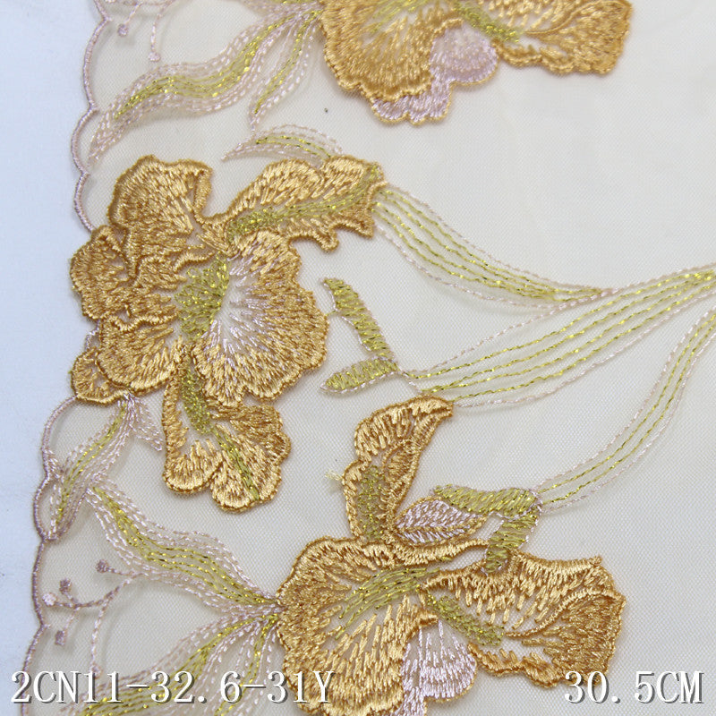 【1pack】-freedombeauty|Yellow Mesh Ancient Style Double-Sided Gold Thread Embroidery Wide Lace Trim Performance Costume Curtain Lace Trim Accessories