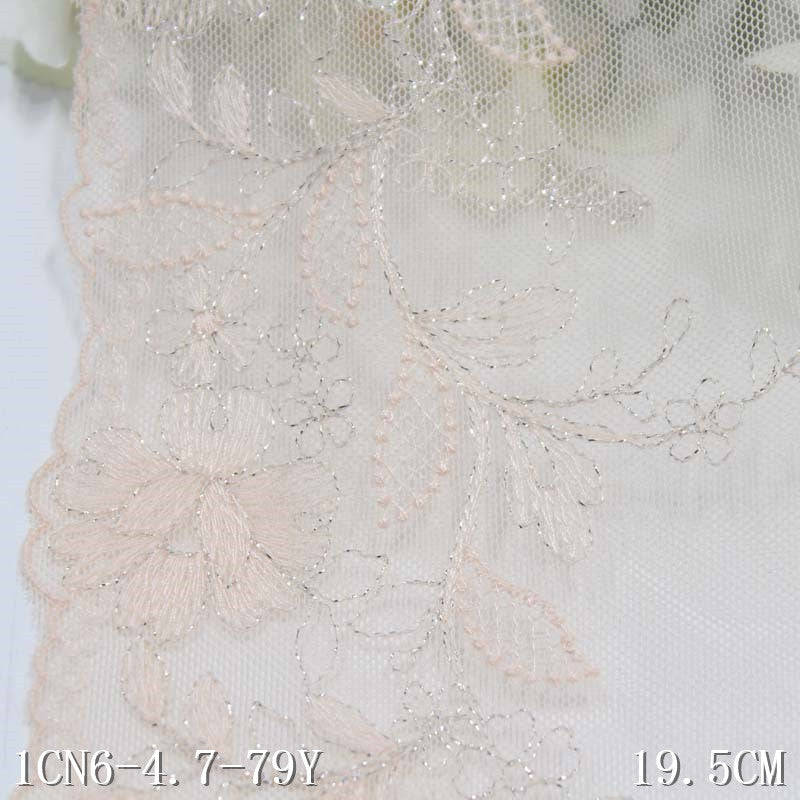 【1pack】-freedombeauty|Light Apricot Mesh Ancient Style Single Edge Silver Thread Flower Embroidery Lace Trim for Lingerie Clothing Lace Trim Accessories