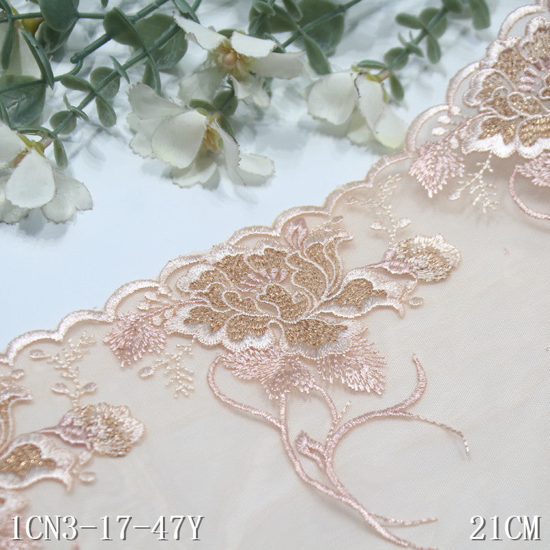 【1pack】-Freedombeauty | Champagne Gold Thread Unilateral Antique Flower Mesh Embroidery 21cm Clothing Home Textile Lace Accessories