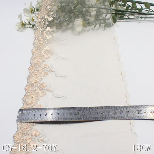 【1pack】-freedombeauty|Apricot Mesh Single Edge Silver Thread Flower Embroidery Trim 18cm Curtain Sofa Cushion Lace Trim Accessories