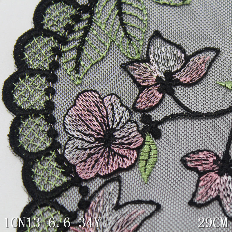 【1pack】-freedombeauty|Black Vintage Early Spring Double Wave Color Block Floral Leaf Embroidery Trim 29cm Home Textile Curtain Tablecloth Accessories DIY