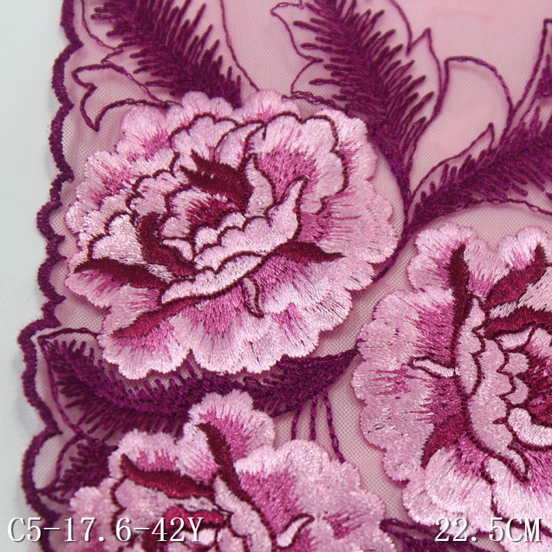 【1pack】-freedombeauty|Rose Red Single-Sided Textured Vintage Flower Mesh Embroidery Curtain Sofa Cushion Lace Trim DIY Accessories