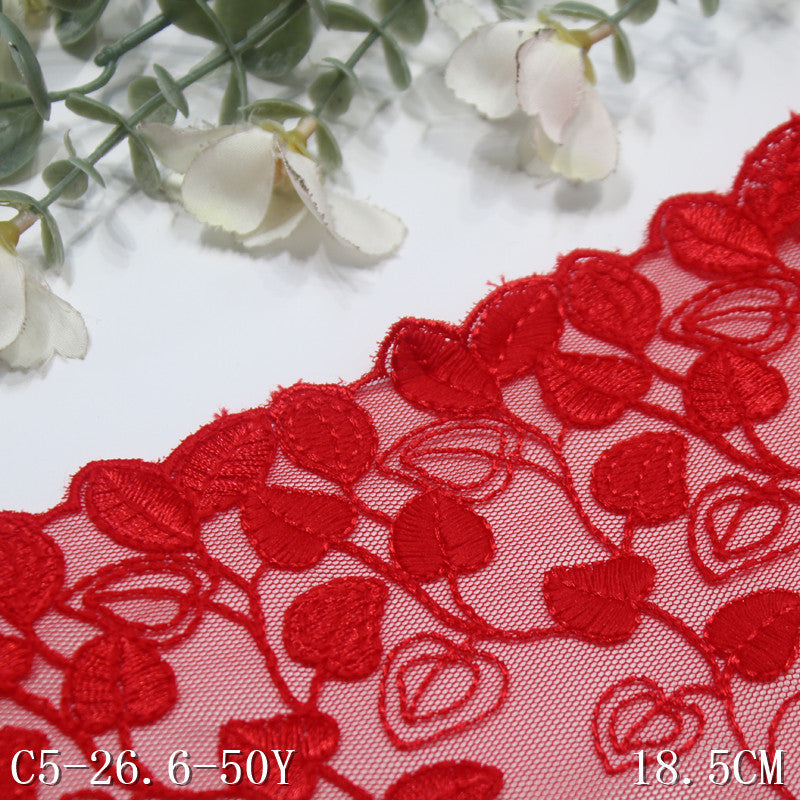 【1pack】-freedombeauty|Red Single-Sided Textured Heart Leaf Mesh Embroidery 18cm Clothing Home Textile Lace Trim DIY