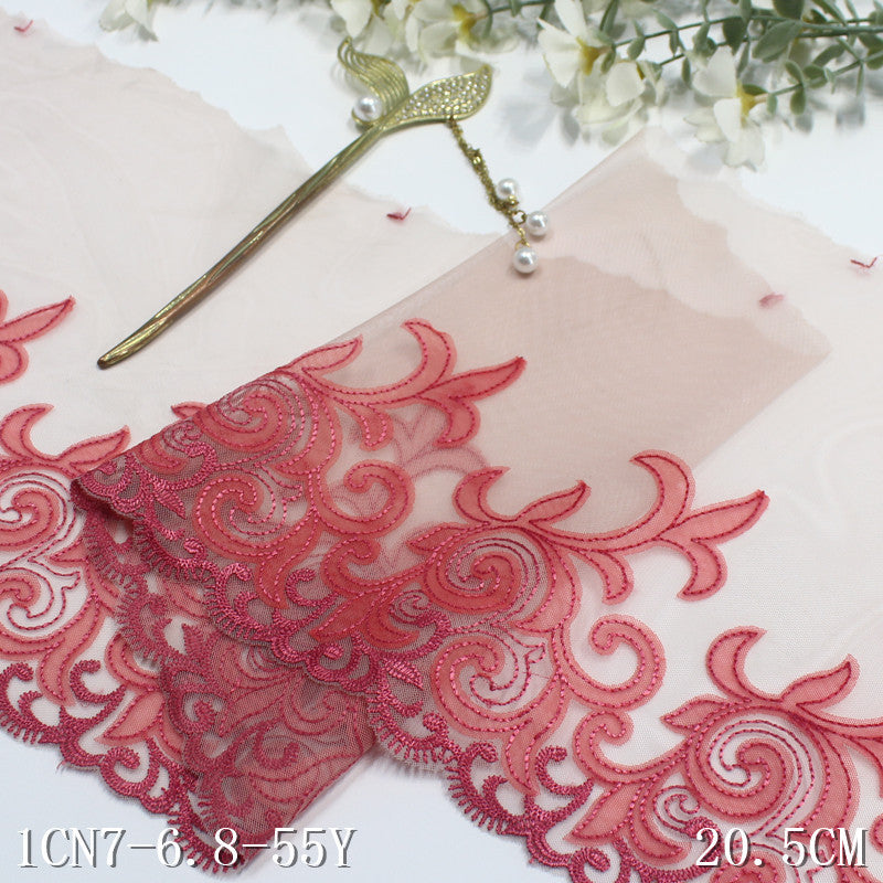 【1pack】-freedombeauty|Pink Mesh Ancient Style Single Edge Pattern Embroidery Trim Performance Costume Curtain 20cm Lace Trim Accessories