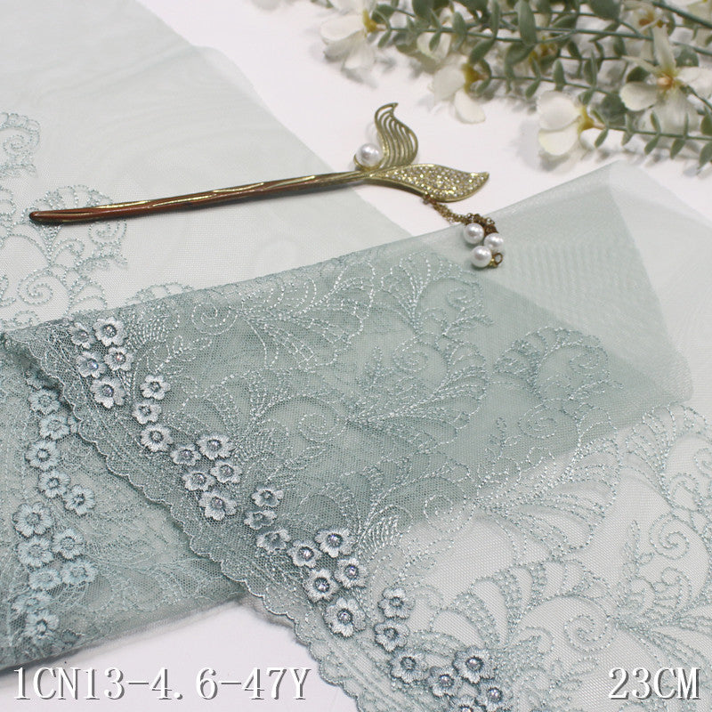 【1pack】-freedombeauty|Green French Style Single-Sided Silver Thread Small Flower Mesh Embroidery 19cm Curtain Sofa Cushion Lace Trim Accessories