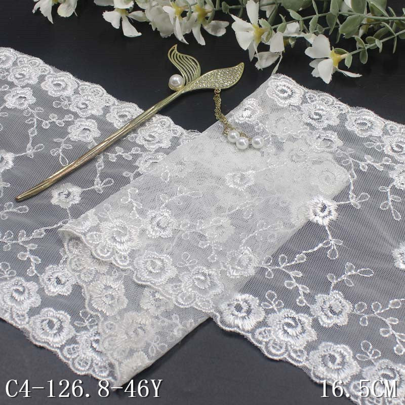 【1pack】-freedombeauty|White Mesh French Style Double-Sided Polyester Flower Embroidery Lace Trim DIY Lingerie Clothing Lace Trim Accessories