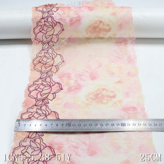 【1pack】-freedombeauty|Pink Printed Mesh Two Width Polyester Thread Embroidery Lace Trim Curtain Decoration Lingerie Lace