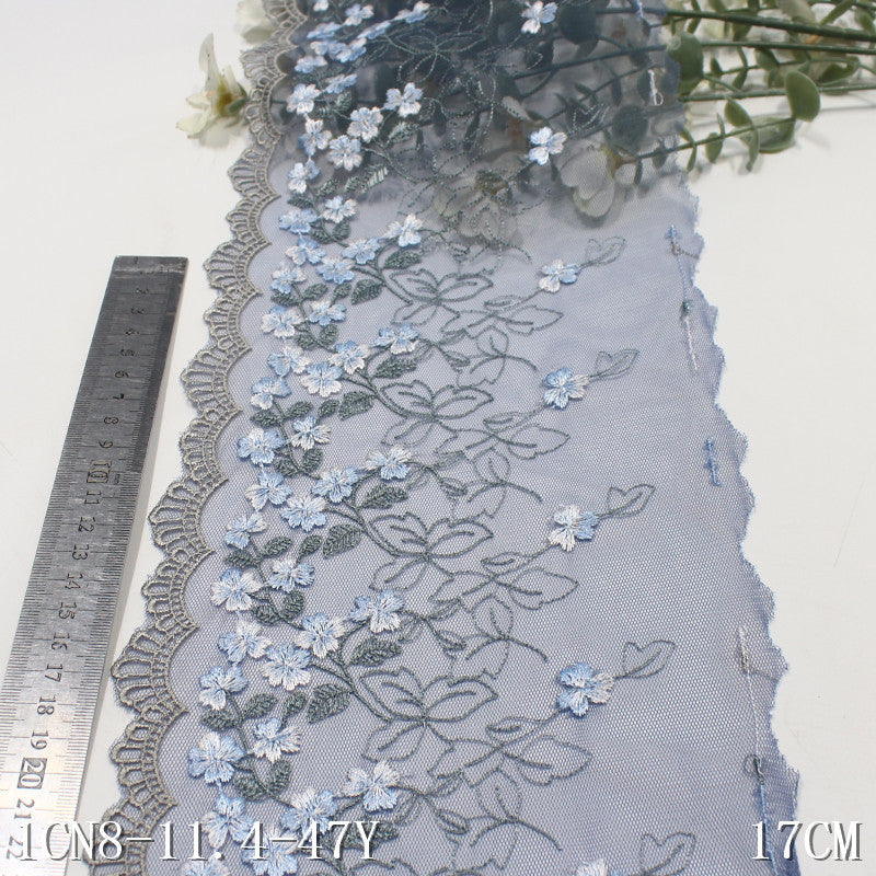 【1pack】-freedombeauty|Blue Mesh Single Side French Small Flower Embroidery Lace 17cm Clothing Home Textile Lace Trim DIY