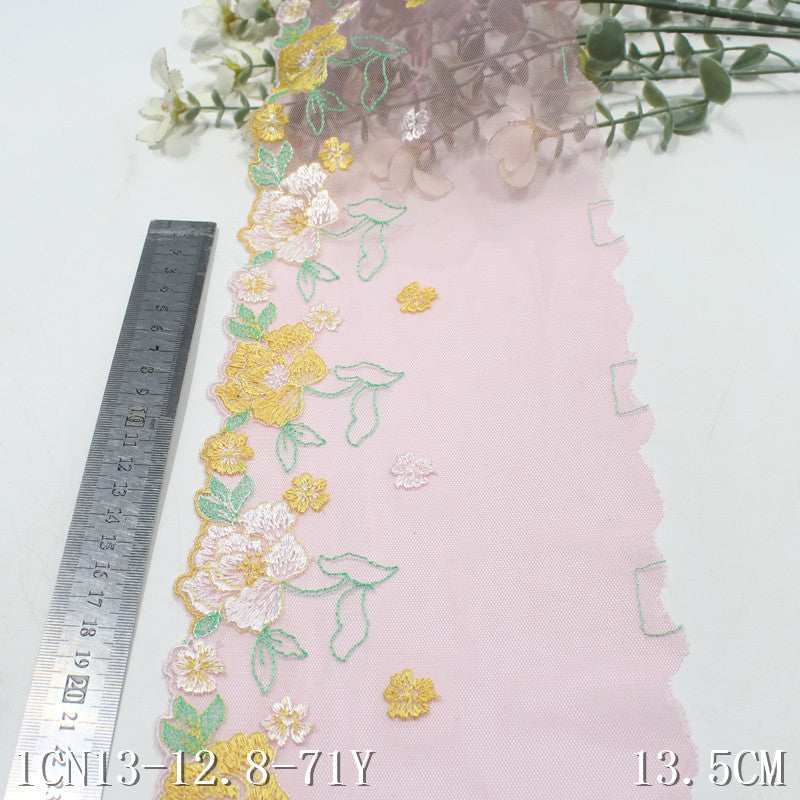 【1pack】-freedombeauty|Pink Mesh Single-Sided Two-Tone Flower Embroidery Lace Trim 13cm Clothing Home Textile Lace Trim Accessories