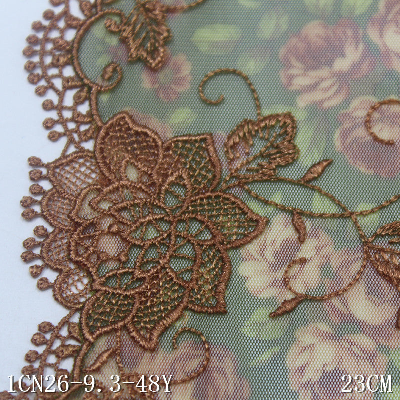 【1pack】-freedombeauty|Green Printed Mesh Single-Sided Water-Soluble Flower Embroidery Trim Curtain Sofa Cushion Lace Trim Accessories