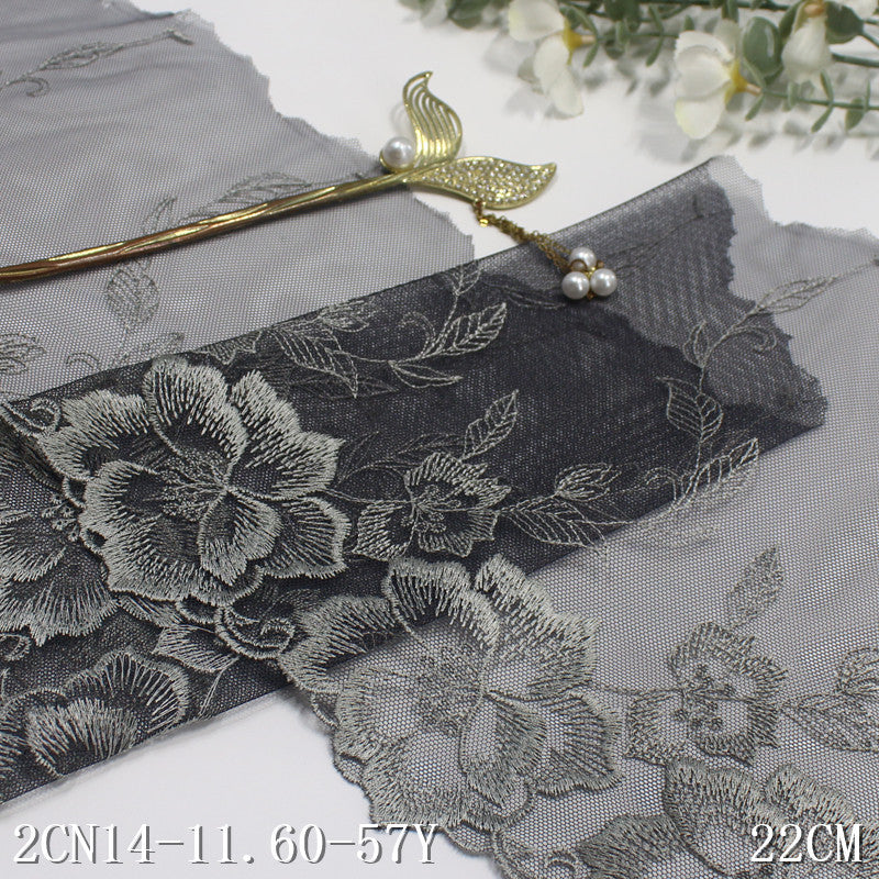 【1pack】-freedombeauty|Charcoal Gray Mesh Single Edge Vintage Flower Embroidery Trim Clothing Home Textile 22cm Lace Trim Accessories