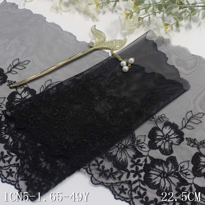 【1pack】-freedombeauty|Black Mesh Single-Sided Polyester Thread Flower Embroidery Trim Clothing Curtain Sofa Cushion Lace Trim Accessories