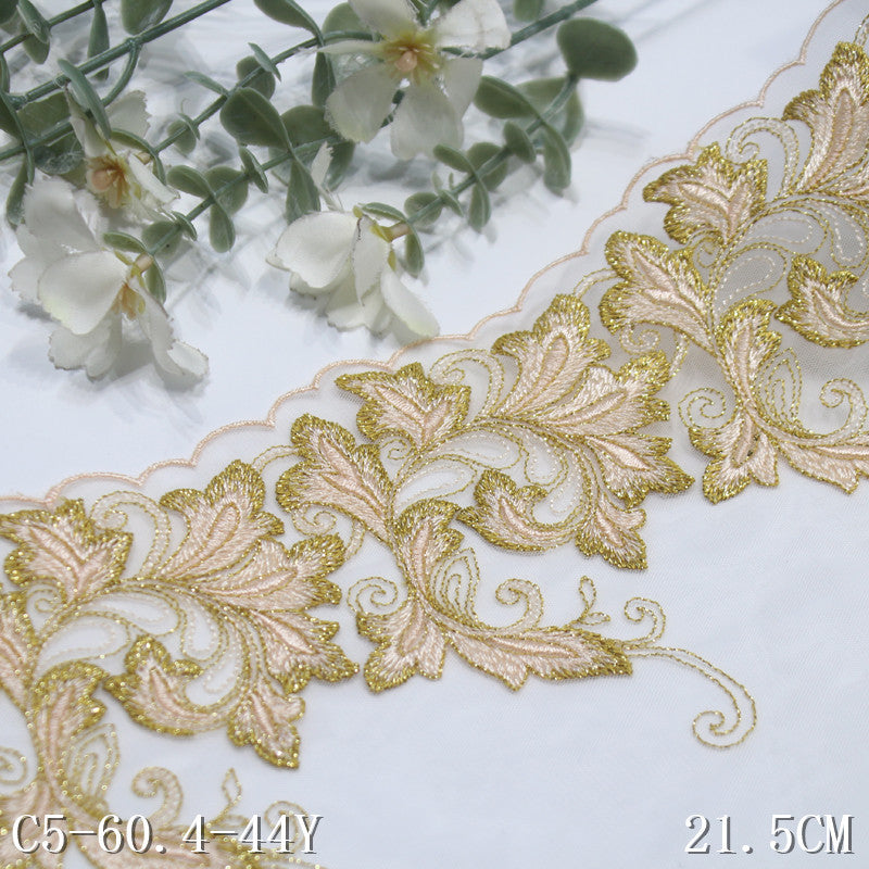 【1pack】-freedombeauty|White Mesh Single Edge Gold Thread Chinese Style Flower Embroidery Trim Curtain Sofa Cushion Lace Trim Accessories