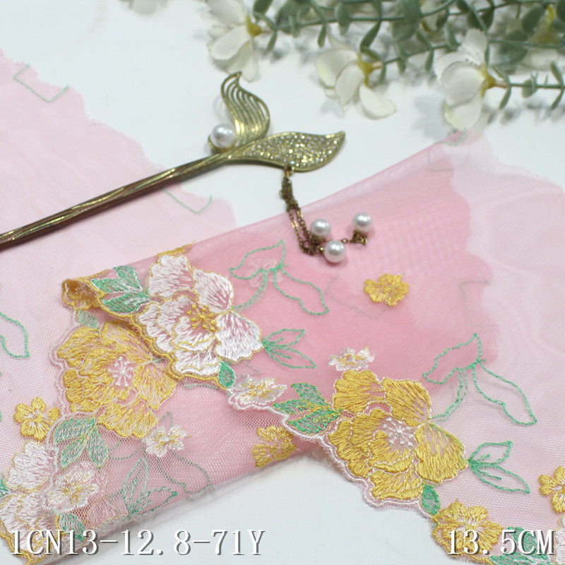 【1pack】-freedombeauty|Pink Mesh Single-Sided Two-Tone Flower Embroidery Lace Trim 13cm Clothing Home Textile Lace Trim Accessories