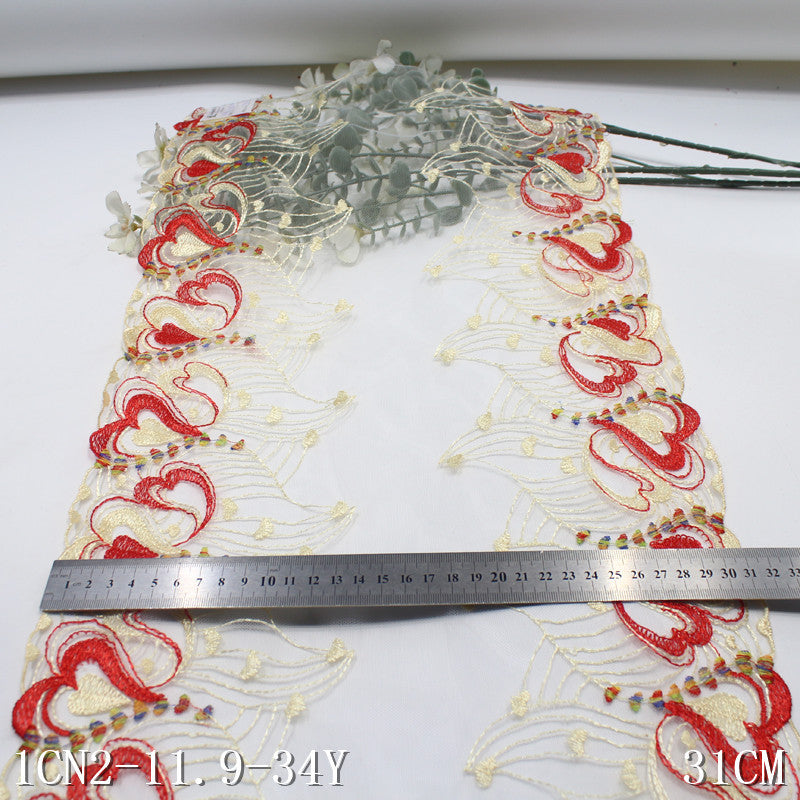 【1pack】-freedombeauty|White Washed Mesh Double-Sided Wide Heart Pattern Embroidered Lace Trim for Curtains and Clothing