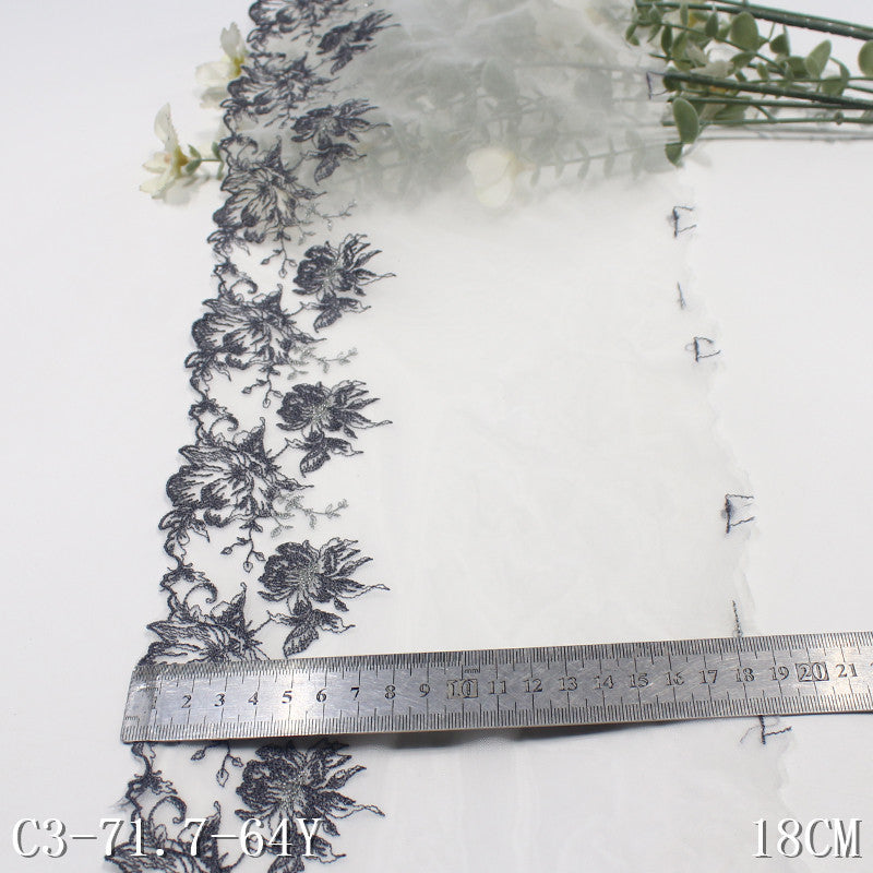 【1pack】-freedombeauty|White Mesh Single Edge Silver Thread Ancient Style Flower Embroidery Trim Clothing Home Textile Lace Trim Accessories DIY