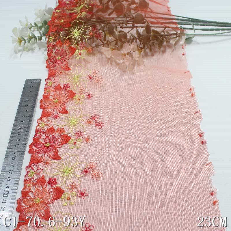 【1pack】-freedombeauty|Red Mesh Single-Sided Color-Block Polyester Thread Flower Embroidery Trim DIY Clothing Curtain Lace Trim Accessories
