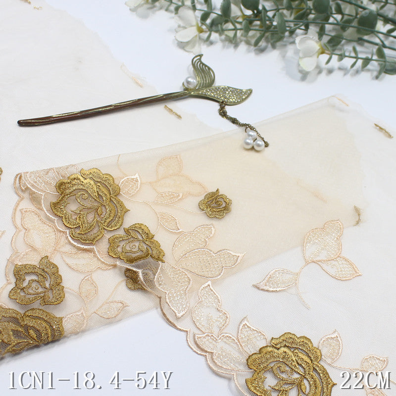 【1pack】-Freedombeauty | Two-Color Mesh Single Side Gold Silk Antique Flower Embroidery Lace Clothing Home Textile Lace Accessories DIY