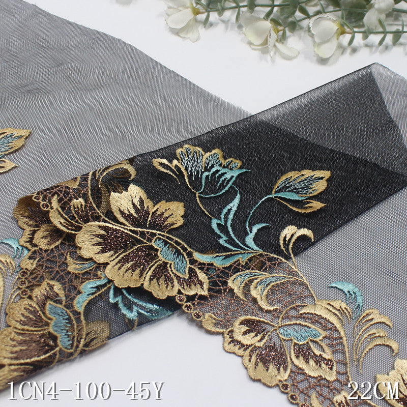【1pack】-Freedombeauty | Black Mesh Classical Unilateral Gold Flower Blue Pattern Embellishment Advanced Embroidery Lace Clothing Curtain Accessories DIY
