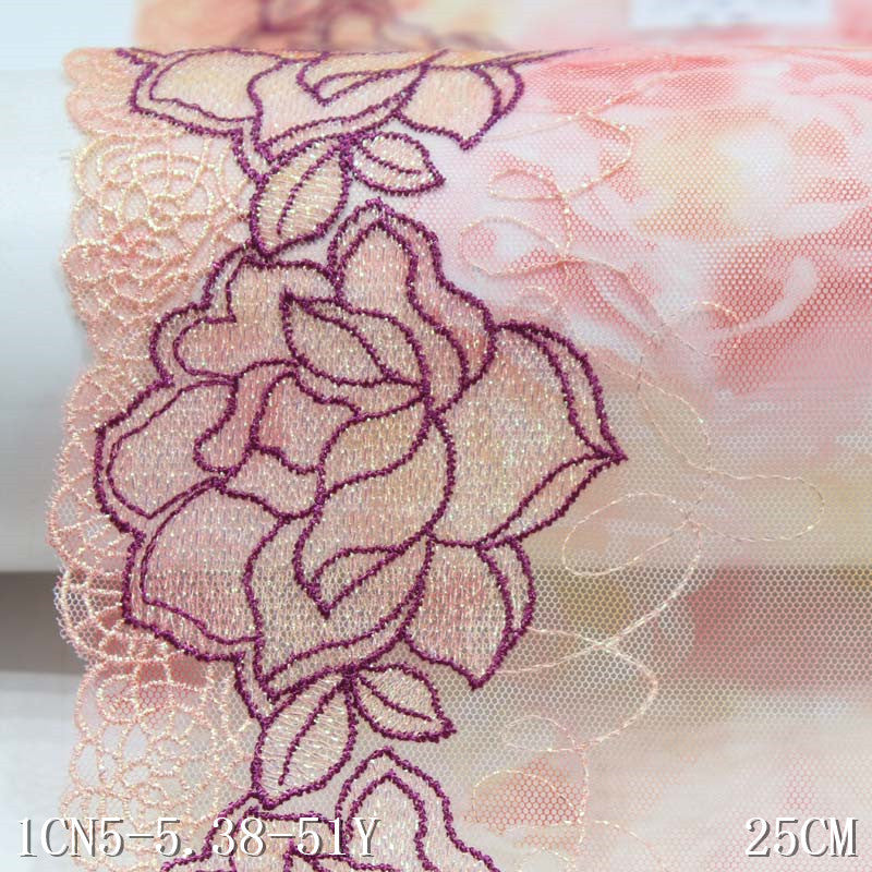 【1pack】-freedombeauty|Pink Printed Mesh Two Width Polyester Thread Embroidery Lace Trim Curtain Decoration Lingerie Lace
