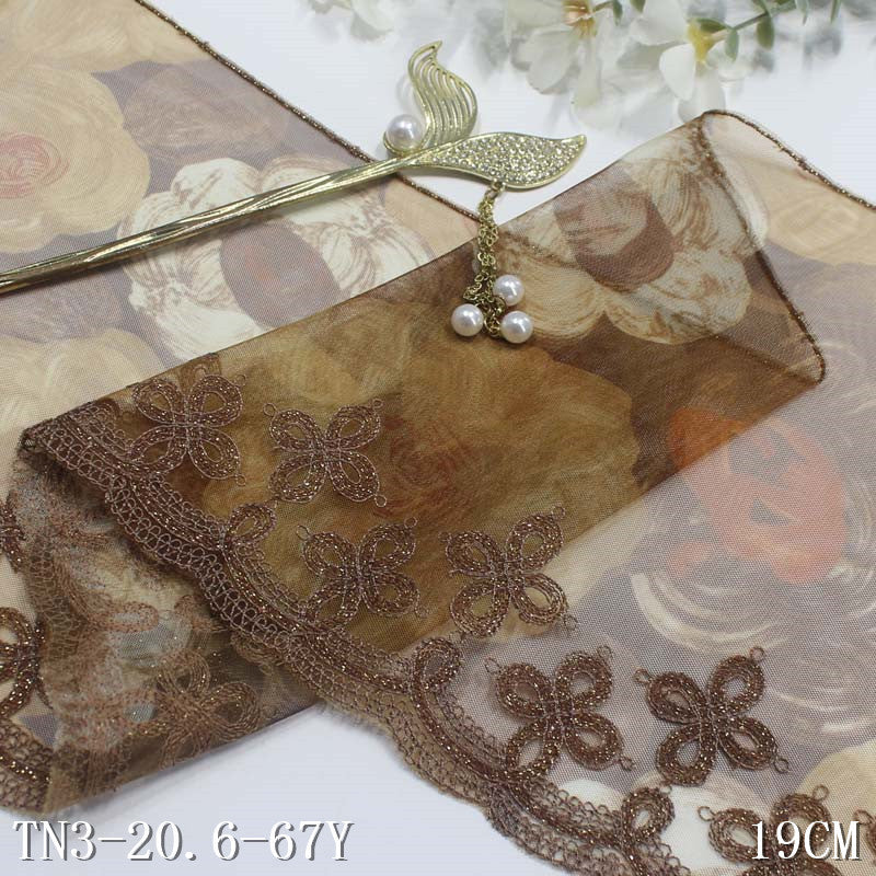 【1pack】-freedombeauty|Light Brown Printed Mesh Single Edge Gold Thread Pattern Embroidery Trim Clothing Curtain Lace Trim Accessories