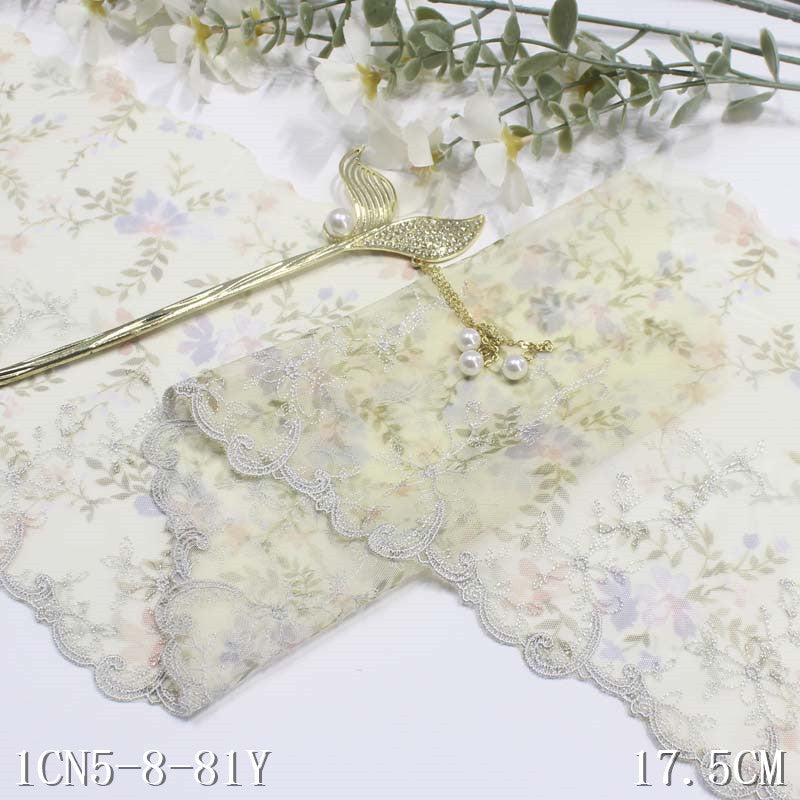 【1pack】-freedombeauty|Two-tone Lightweight Single and Double-sided Polyester Thread Ancient Style Printed Embroidery Lace DIY Hanfu Performance Costume Lace Accessories