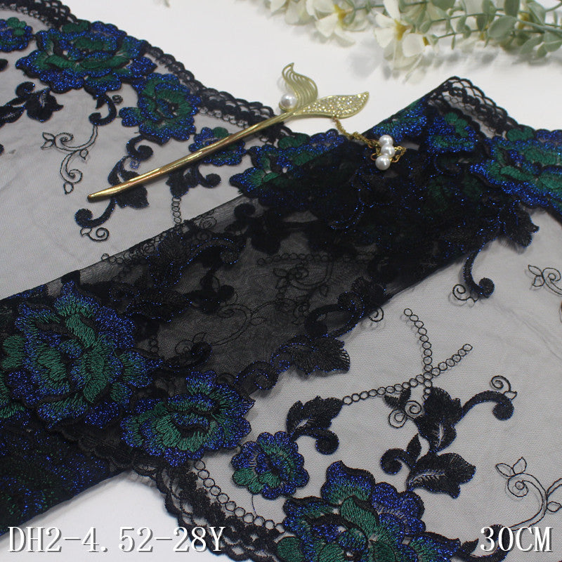 【1pack】-freedombeauty|Black Vintage Double-Sided Silver Thread Flower Embroidery Trim Curtain Clothing 30cm Lace Trim DIY Accessories