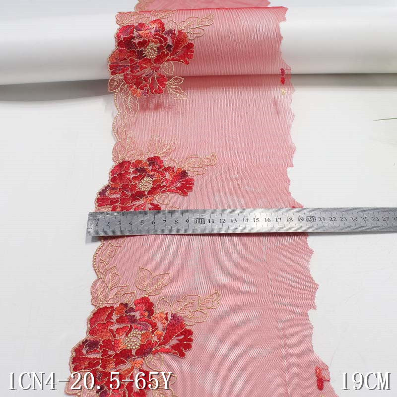 【1pack】-freedombeauty|Red Mesh Single-Sided Classic Large Flower Pattern Embroidered Lace Trim for Curtains and Lingerie