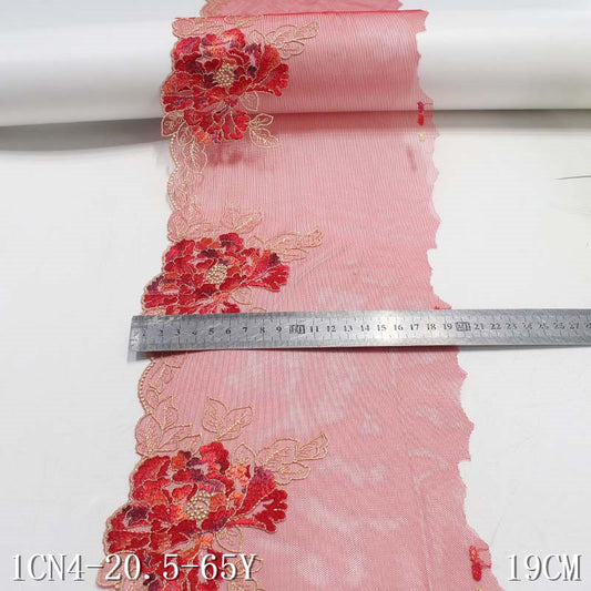 【1pack】-freedombeauty|Red Mesh Single-Sided Classic Large Flower Pattern Embroidered Lace Trim for Curtains and Lingerie