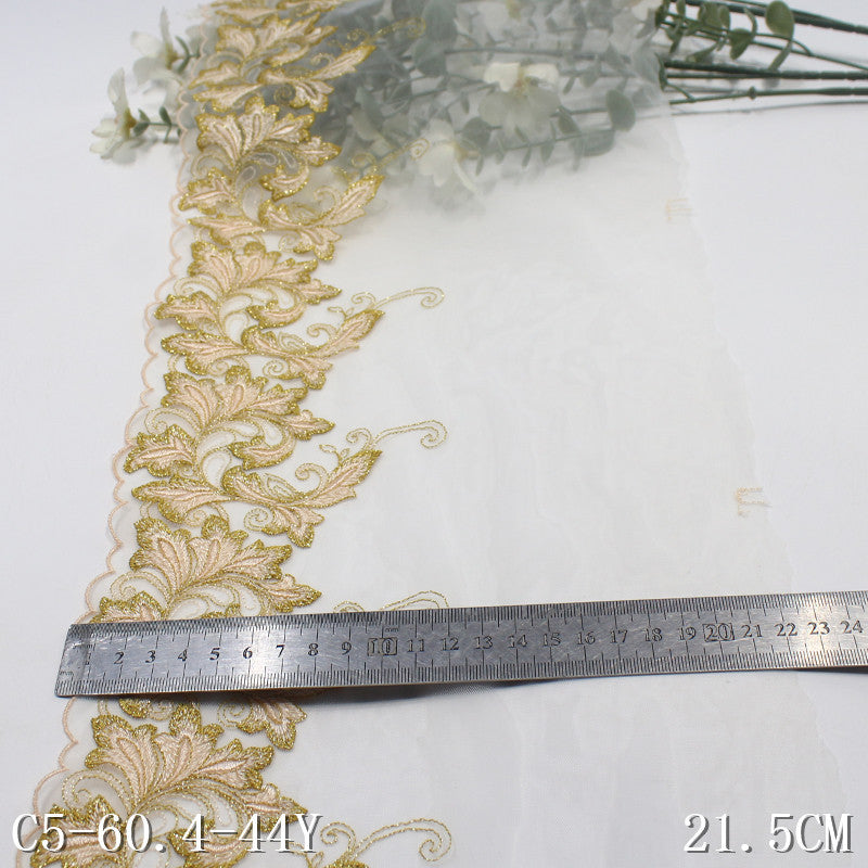 【1pack】-freedombeauty|White Mesh Single Edge Gold Thread Chinese Style Flower Embroidery Trim Curtain Sofa Cushion Lace Trim Accessories