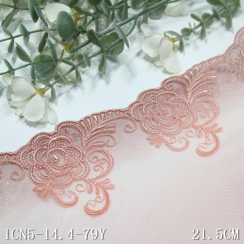 【1pack】-freedombeauty|Pink Glitter Mesh Single Edge Chinese Style Flower Embroidery Lace Trim Clothing Home Textile Lace Trim Accessories