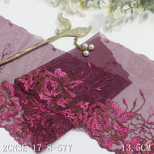 【1pack】-freedombeauty|Rose Red Mesh Single Edge Gold Thread Flower Embroidery Trim Clothing Curtain 13cm Lace Trim Accessories